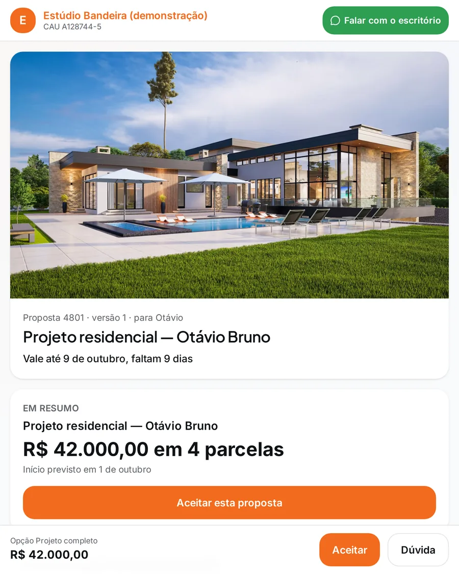 Proposta aberta no celular do cliente, com o título, a validade e a mensagem do escritório. A cor do escritório é personalizável; a que aparece é a de um escritório de exemplo.